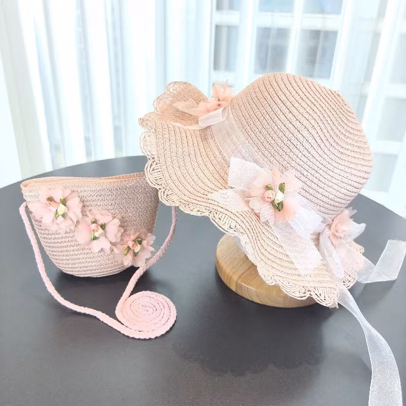 Two-Piece Straw Hat Set in a Solid Color, Perfect for Outdoor Travel. This Floral Fisherman Style Is a Trendy Accessory for Young Girls
