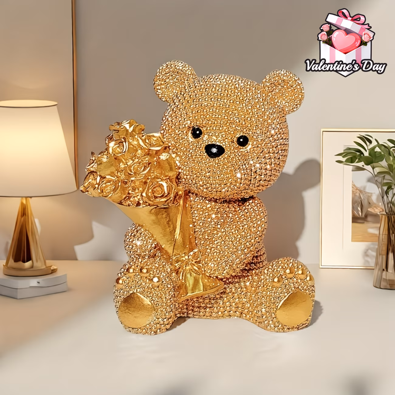 1pc Sparkling Resin Teddy Bear with Flower Bouquet | Adorable Decorative Figurine for Engagement, Wedding, Birthday, Mother's Day, Valentine's Day - Ideal for Kitchen, Living Room, Bedroom