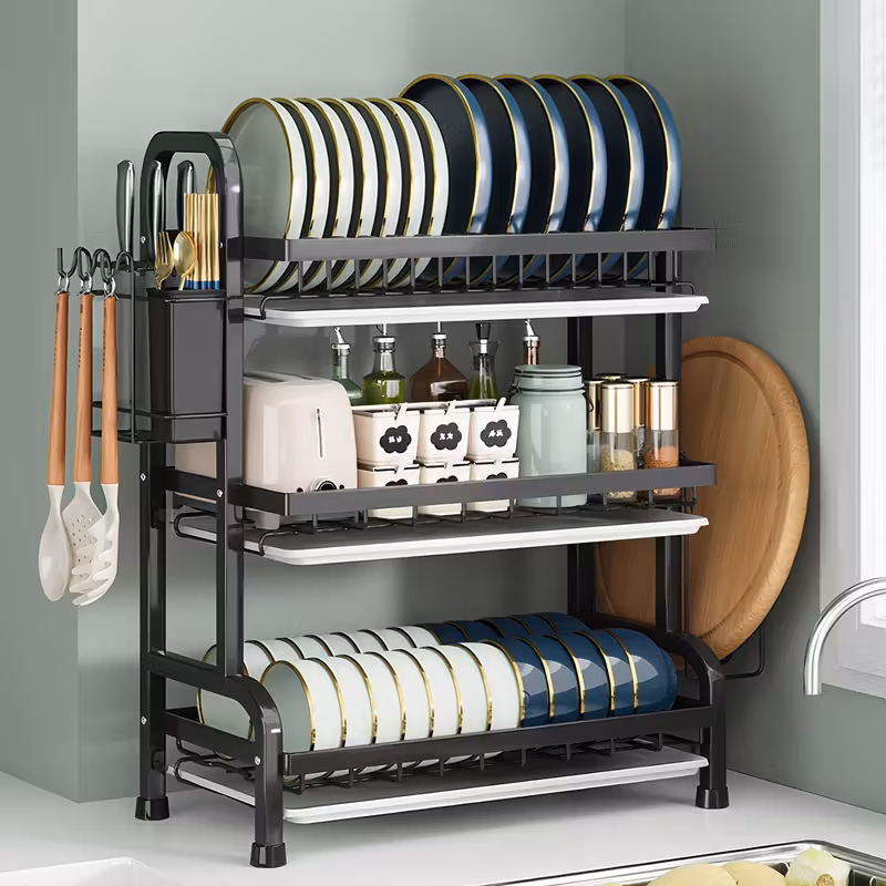 Rust-Proof Dish Drainer] Large Rust-Proof 3-Tier Dish Drainer | 52cm Dish Drying Rack with Removable Drip Tray, Cutlery Holder, Chopping Board Rack - Black Metal Kitchen Organizer and Storage