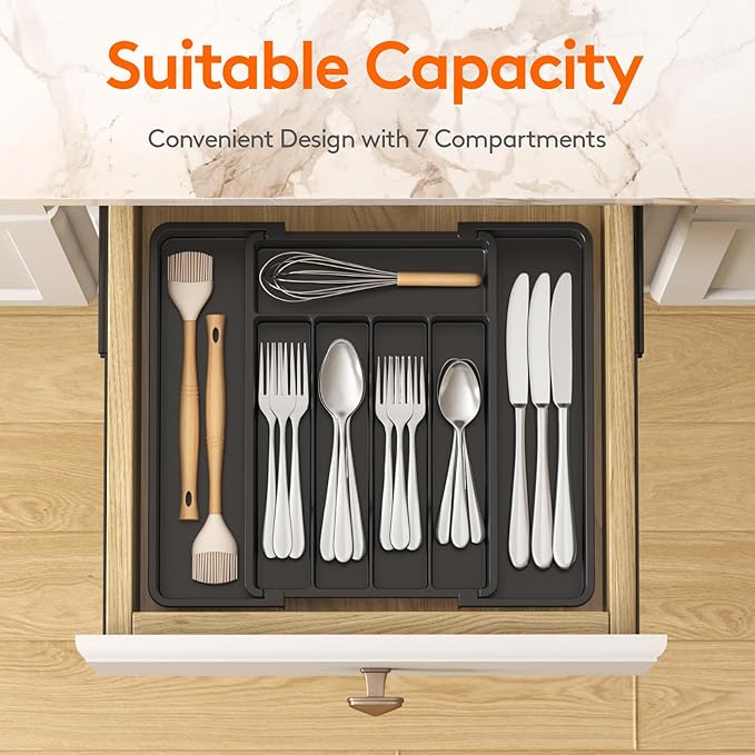 Lifewit Extendable Cutlery Drawer Organiser, Adjustable Cutlery Tray, Plastic Adjustable Kitchen Storage Dividers for Utensil Spoons Forks Knives, 7 Compartments, 22-36 x 30cm, Black
