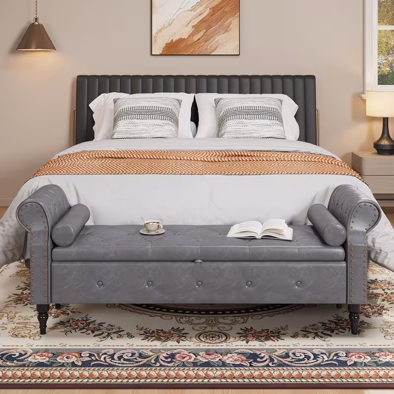 65" Large Upholstered Bedroom Bench with Storage, Faux Leather Tufted Bed Bench with Rolled Arms, Nailhead Trim and Deep Hidden Storage, Elegant End-of-Bed Bench for King Size Beds, Entryway Seating or Living Room Accent Bench, Black