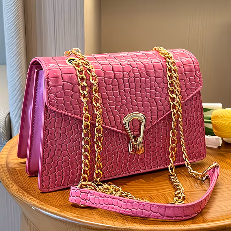 Pink Snake Print Crossbody BagFor Women, Stylish Women's Crocodile Pattern Handbag - Black Shoulder Bag With Detachable Strap Golden-Tone Hardware & Chain Strap, Crossbody Bag Purse Christmas Bags For Gifts Christmas Gift Bags