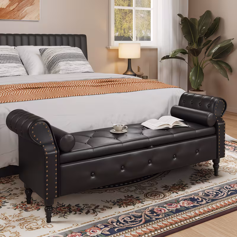 65" Large Upholstered Bedroom Bench with Storage, Faux Leather Tufted Bed Bench with Rolled Arms, Nailhead Trim and Deep Hidden Storage, Elegant End-of-Bed Bench for King Size Beds, Entryway Seating or Living Room Accent Bench, Black