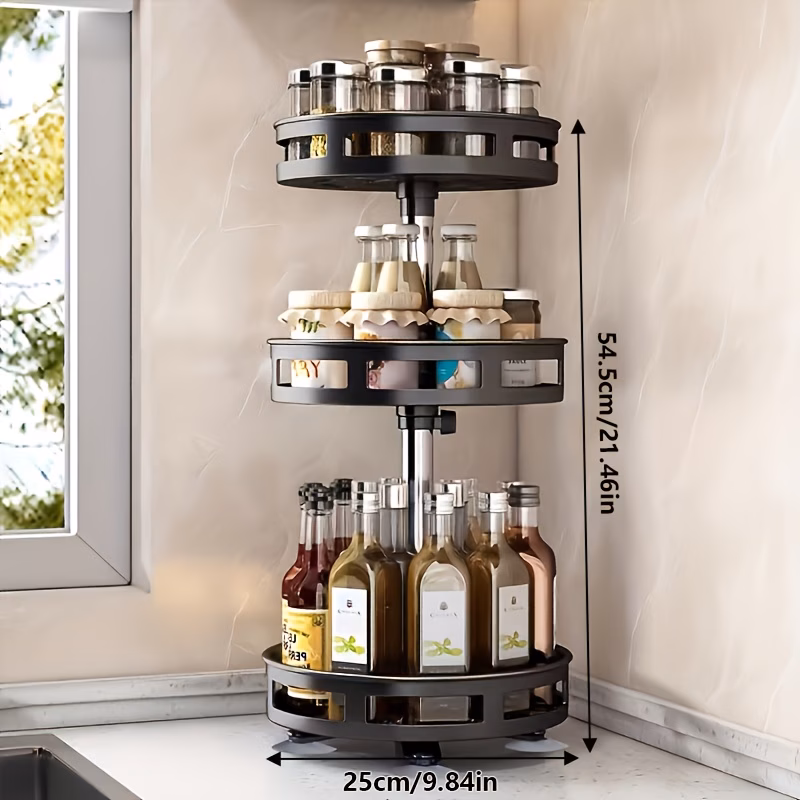 360-Degree Rotating Kitchen Organizer- Metal Spice Rack with Storage Containers for Seasonings, Oils, And Vinegar- Triple Layer Options