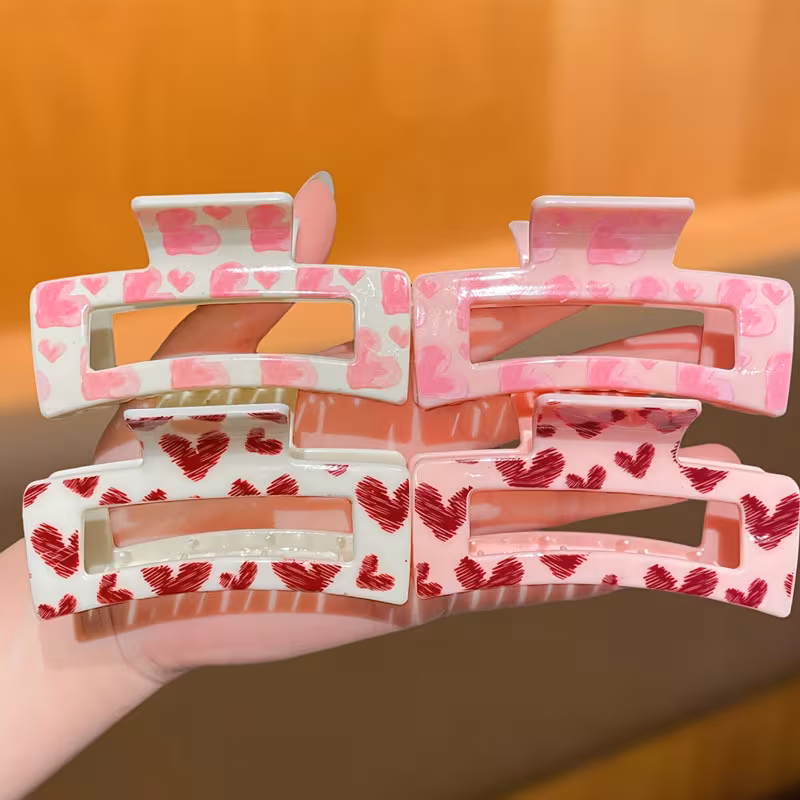4 Colors Shipped Randomly/1pc Ladies, Pink, Stylish and Elegant, Cute, Valentine's Day Hair Accessories, Heart Pattern, Medium Square Hair Clip, Suitable for Daily and Holiday Party Use, Ladies Hair Accessories, Gift Recommendation