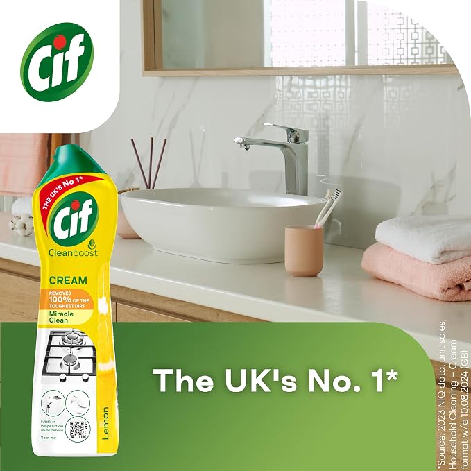 Cif Lemon Cream Cleaner multipurpose surface cleaner with 100% natural cleaning particles removes 100% of the toughest dirt 750 ml