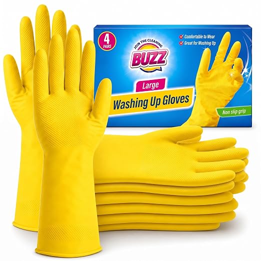SOL BUZZ 4 Pairs Washing Up Gloves - Large Yellow Latex Kitchen Gloves | Multipack Latex Yellow Kitchen Gloves with Textured Grip, Heavy Duty for Washing Dishes, Large, 4 Pairs