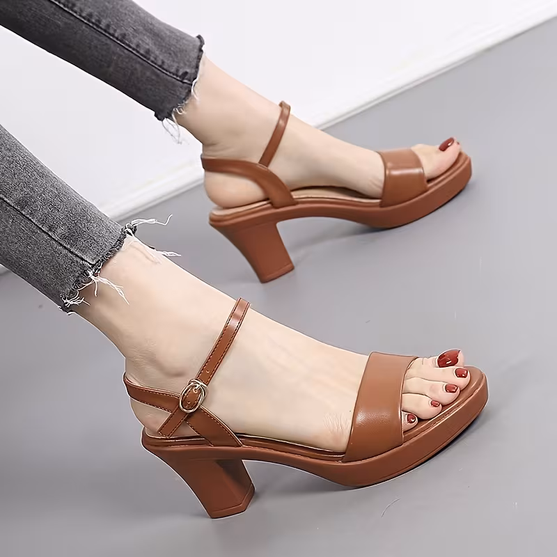 Women'S Brown Chunky-Heeled Sandals for Summer, Featuring a Sexy And Versatile Design with a Single Strap And Round Toe in a European And American Style., Women Shoes