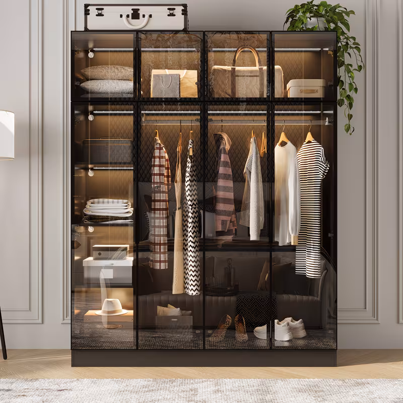 Elegant Wardrobe Armoire Closet With LED Light And Tempered Glass Doors, Wardrobe Closet With Multiple Storage Shelves And Hanging Rods, Modern Wardrobe Cabinet For Bedroom, Large Storage Space, Modern And Stylish Design, Black