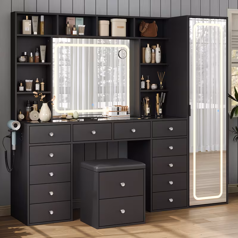 Vanity Desk With Full-Length & LED Mirror, 14 Drawers, 10 Shelves, Hidden Storage, Power Outlet, Dimmable 3-Color Lighting, Black Makeup Vanity For Bedroom