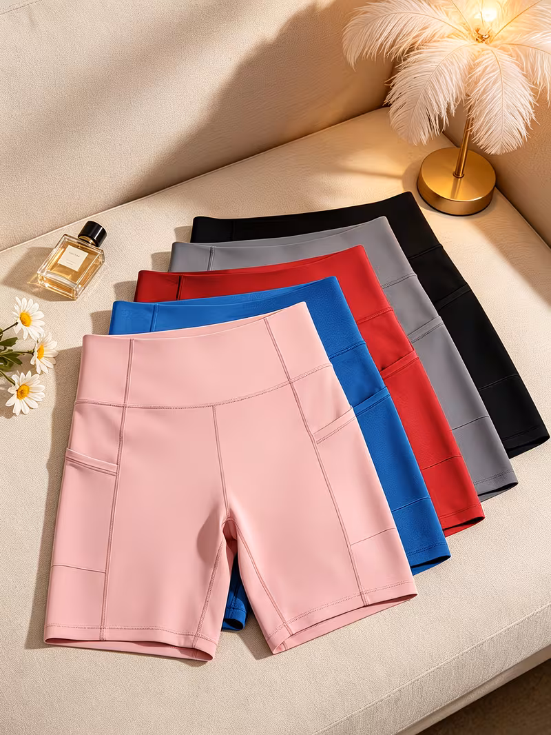 5 Packs Women Biker Shorts, High Waist Hip Lifting, Stretch Tight Fit, Side Pockets Shorts