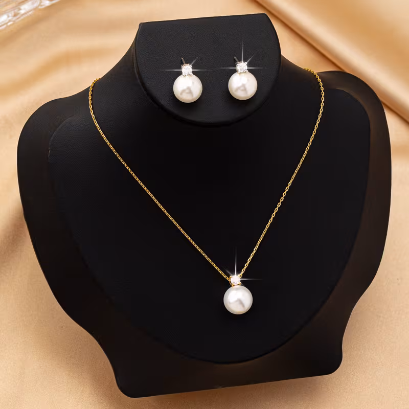 3pcs Light Luxury High-End Imitation Pearl Pendant Necklace Stud Earrings, Inlaid with Synthetic Zirconia Elegant And Versatile Earrings, Daily Matching, Suitable As a Gift for Girlfriends, Classmates And Good Friends