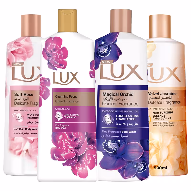 Lux 4 Body Wash Bundle 500ml Each, Magical Orchid Soft Rose Charming Peony Velvet Jasmine, Moisturising Shower Gel, Long Lasting Fragrance, Luxury Bath & Body Wash Set for Women UK
