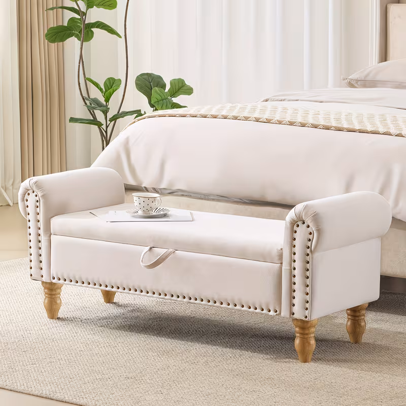 ATOMHAUS Upholstered Storage Bench for Bedroom End Of Bed Rolled Armed Corduroy Linen Fabric Ottoman Couch Long Bench Window Sitting Fireplace Toy Storage Bench Living Room Furniture