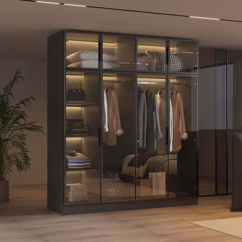Elegant Wardrobe Armoire Closet With LED Light And Tempered Glass Doors, Wardrobe Closet With Multiple Storage Shelves And Hanging Rods, Modern Wardrobe Cabinet For Bedroom, Large Storage Space, Modern And Stylish Design, Black