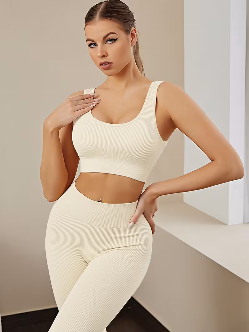 European and American Seamless Thread Solid Color Sports Suit Quick-Drying Elastic Bra Yoga Suit Fitness Body Shaper Running Two-Piece Set