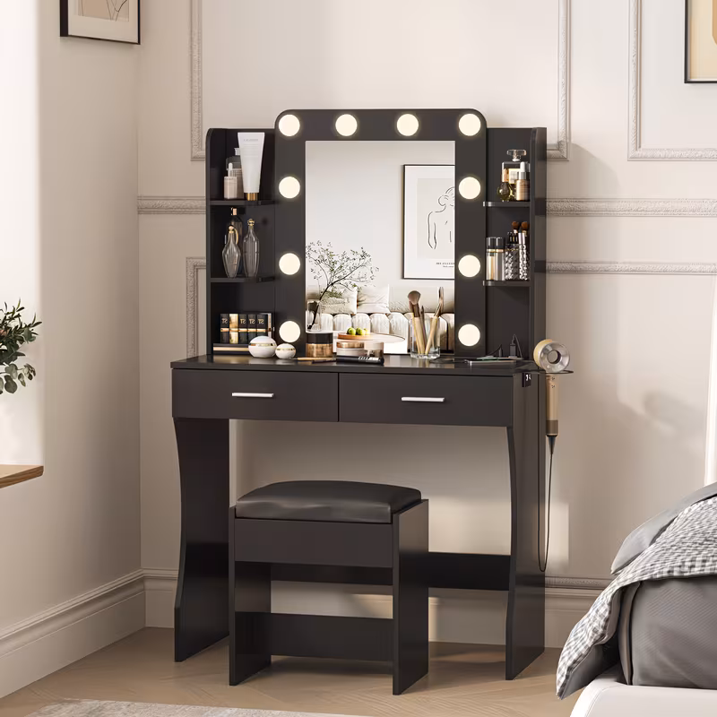 Vanity Desk with LED Lighted Mirror & 10+ Strip, 6-Drawer Makeup Dressing Table with Stool Suitable for Bedroom,, Plug-and-Play Assembly, Modern for Room, Dorm, Beauty Salon