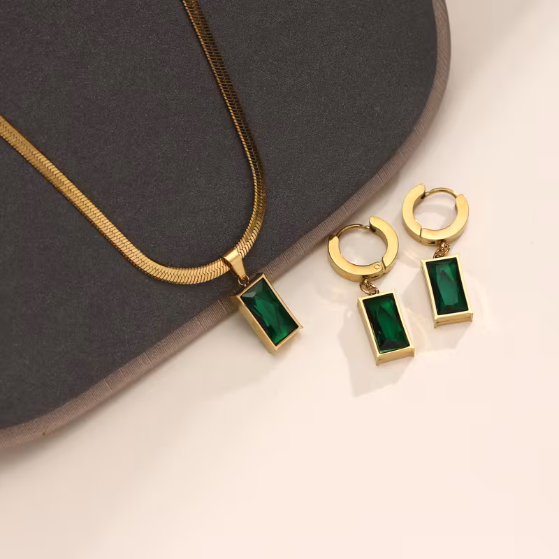 3pcs Vintage Boho Jewelry Set for - 18K Gold Plated Stainless Steel Green Necklace & Earrings, Hypoallergenic Bohemian Wedding, Party, Vacation & Everyday - Sensitive Light Beige Durable Year-Round Wear