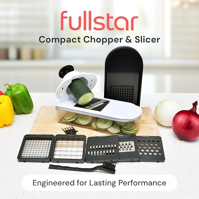 Fullstar Vegetable Chopper & Mandoline Slicer - Julienne Cutter Dicer Grater for Food Veg Onion Cucumber Tomato Salad Potato Cheese - Kitchen Gadgets & Accessories (Compact 6-in-1, White)