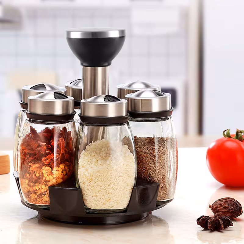 6-Jar Revolving Spice Rack Organizer Holder, Kitchen Countertop Seasoning Stand, Rotating Spice Rack with Stainless Steel Lid, Rotating Seasoning Organizer, Black