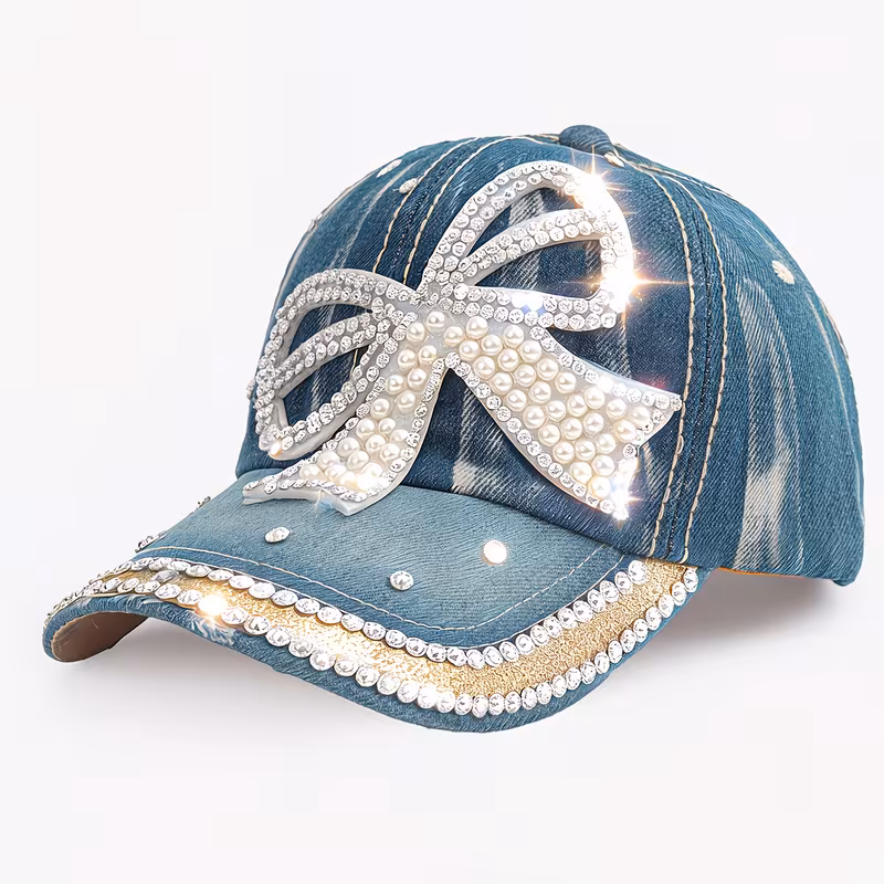 1pc Adult Women's Glam Faux Rhinestone & Bow Embellished Baseball Cap, Vintage Distressed Versatile Outdoor Sun Hat, Ideal for Spring & Summer Daily Outings & Styling, Great Gift Choice
