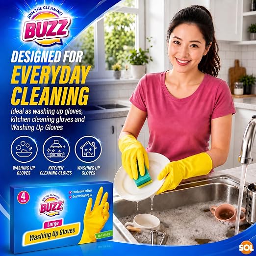 SOL BUZZ 4 Pairs Washing Up Gloves - Large Yellow Latex Kitchen Gloves | Multipack Latex Yellow Kitchen Gloves with Textured Grip, Heavy Duty for Washing Dishes, Large, 4 Pairs