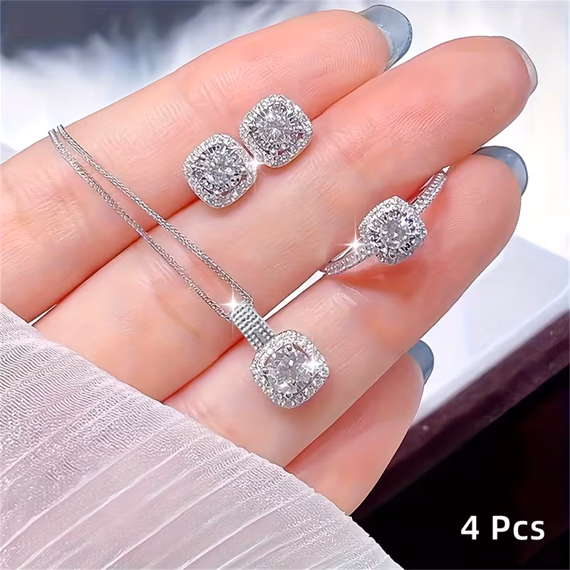 4pcs Sparkling Cube Zirconia Water Jewelry Set! Necklace Pendants, Rings, And Earrings, Delicately Cut to Shine Brightly, Fashionable And Versatile, Making Them an Excellent Choice for Easily Handling Various Occasions And Enhancing Charm!