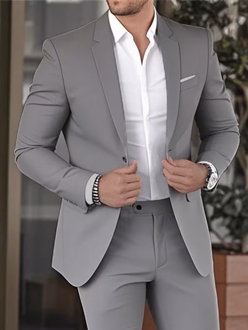 2pcs Luxury Classic Men'S Solid Suit Set - Lapel Jacket And Trousers, Regular Fit, Long Sleeve, Traditional Silhouette, Perfect for Weddings, Business Meetings - High-Quality Fabric, Comfortable Fit, Fashionable Design