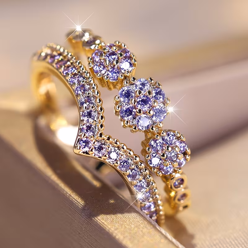 ANGOL a Double-Layer V-Shaped Purple Synthetic Zirconia Opening Ring Women'S Fashion Versatile Ring Suitable for Parties, Weddings, And Daily Wear