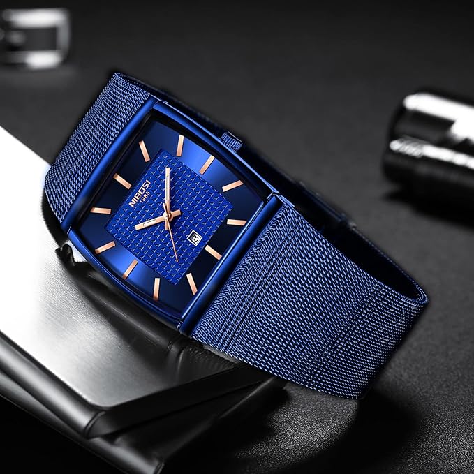 NIBOSI Men Watches Luxury Military Waterproof Sport Quartz Analog Square Wrist Watch for Men with Stainless Steel Mesh Band Date Calendar