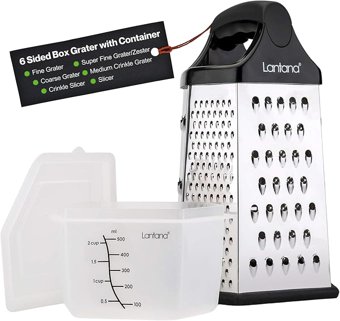 Lantana Cheese Grater with Container – 6 Essential Kitchen Functions for Coarse, Medium, Fine, Micro-Grating/Zesting/Slicing. Hand held, Includes Fitted Measuring Tub with Lid