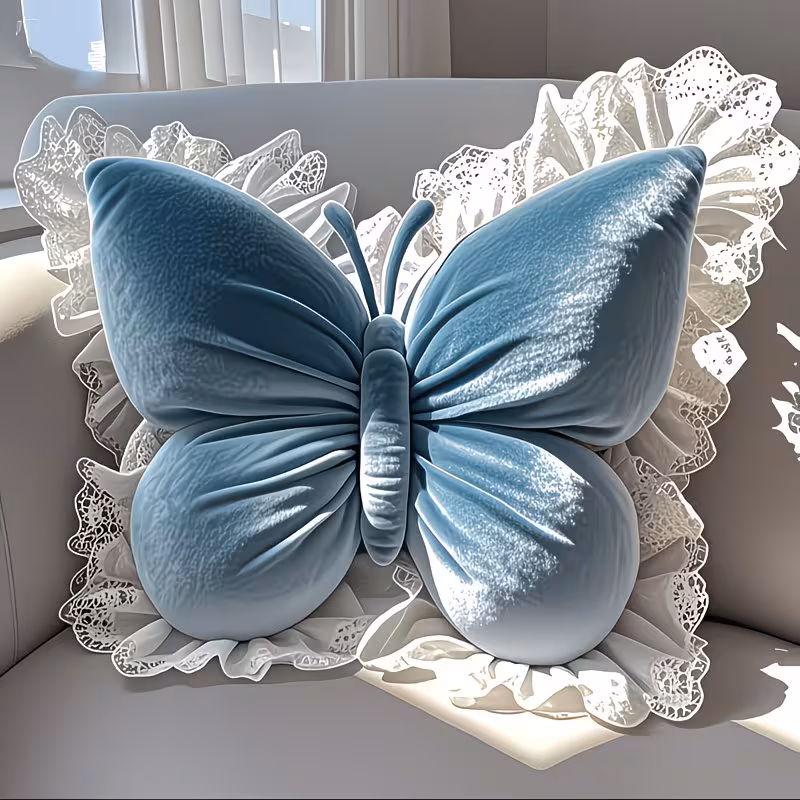 Butterfly-Shaped Decorative Throw Pillow for Home Decoration. It Features an Elegant White Butterfly Pattern Design, with White Lace Trim And Luxurious Velvet Fabric. Suitable for Beds, Sofas, Carriages, And Office Spaces