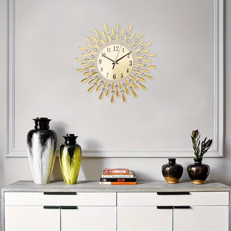 Diamond Jeweled Wall Clock Stylish Diamond Gold Wall Clock Silent Sunflower Wall Clock Modern Metal Sparkly Arabic Numeral Decorative Wall Clocks for Living Room Bedroom Home Decor (Gold)