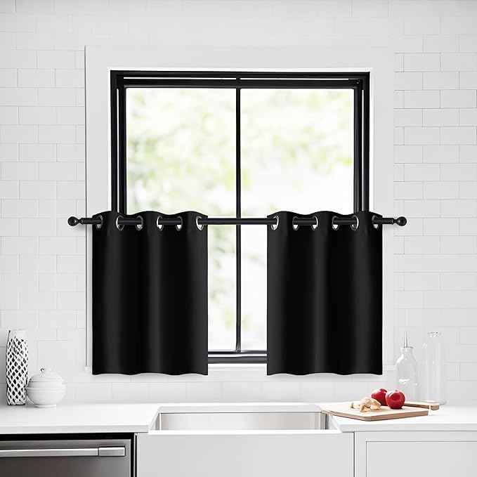 PONY DANCE Short Eyelet Blackout Thermal Curtains 29x24 Inch - Black, Energy Saving, Noise Reducing, UV Protection Curtains & Drapes for Bedroom, 2 Panels