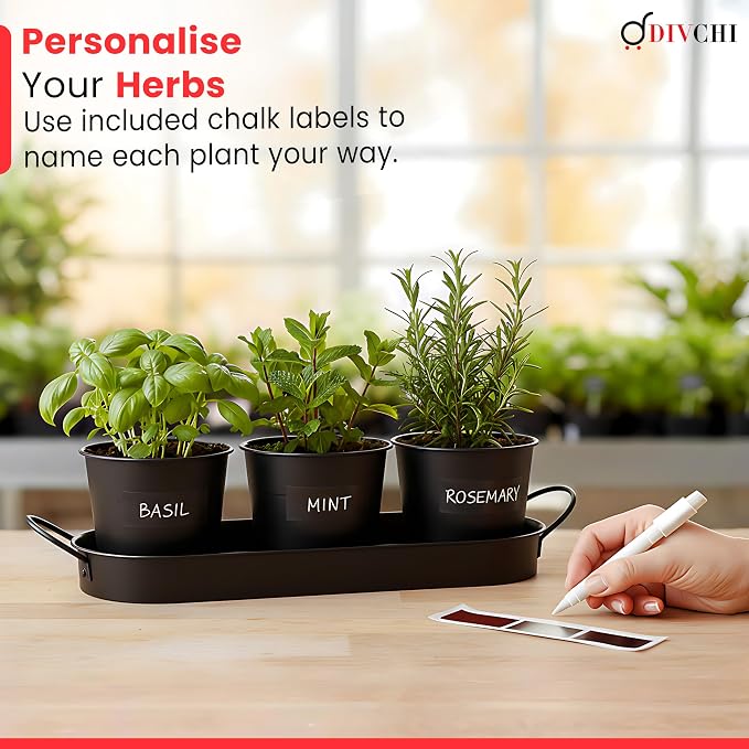DIVCHI Metal Herb Planter Pots Set of 3 with Tray & Chalk Labels – Indoor Herb Garden Kit for Kitchen Windowsill – Decorative Herb Pots for Basil, Mint, Rosemary – Indoor & Outdoor Use (Black)