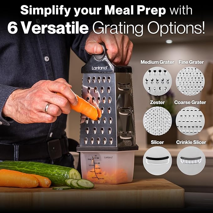 Lantana Cheese Grater with Container – 6 Essential Kitchen Functions for Coarse, Medium, Fine, Micro-Grating/Zesting/Slicing. Hand held, Includes Fitted Measuring Tub with Lid