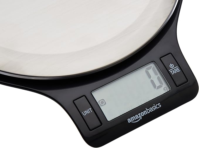 Amazon Basics Digital kitchen scales with LCD display (with batteries), Black and Stainless Steel, BPA free, Weighs up to 11 pounds