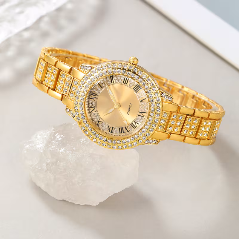 9pcs Set: Women's Fashion Elegant Quartz Jewelry Watch + 2 Sets of New Shiny Necklaces, Rings, and Earrings. Suitable for Valentine's Day, Easter, Halloween, Ramadan, Birthdays, Christmas, New Year, Daily Wear, and Bohemian Style. Alloy Case, Quartz