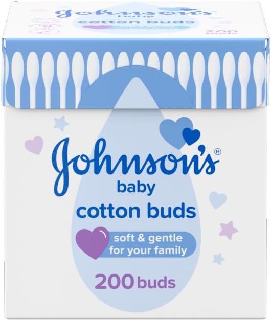 Johnson's Baby Cotton Buds (1 x Pack of 200) Soft & Gentle Ear Buds for Delicate Skin, Made of 100% Pure Cotton and Paper Sticks, Plastic-Free to Clean Delicate Areas, Around Eyes and Outer Ear