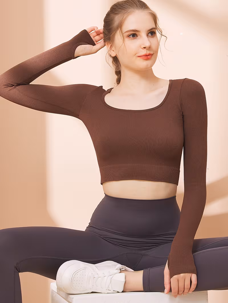 Women's Solid Color Boat Neck Long Sleeve Ribbed Knitting Cropped Top, High Stretch Casual Sexy T-shirt For Yoga Running Workout, Women's Activewear