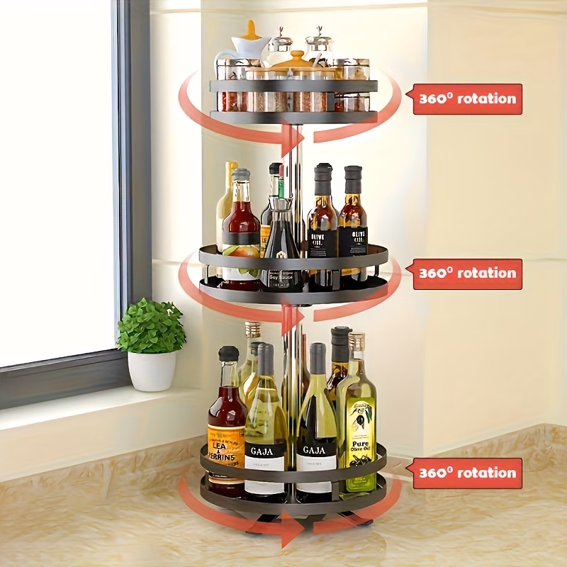 360-Degree Rotating Kitchen Organizer- Metal Spice Rack with Storage Containers for Seasonings, Oils, And Vinegar- Triple Layer Options
