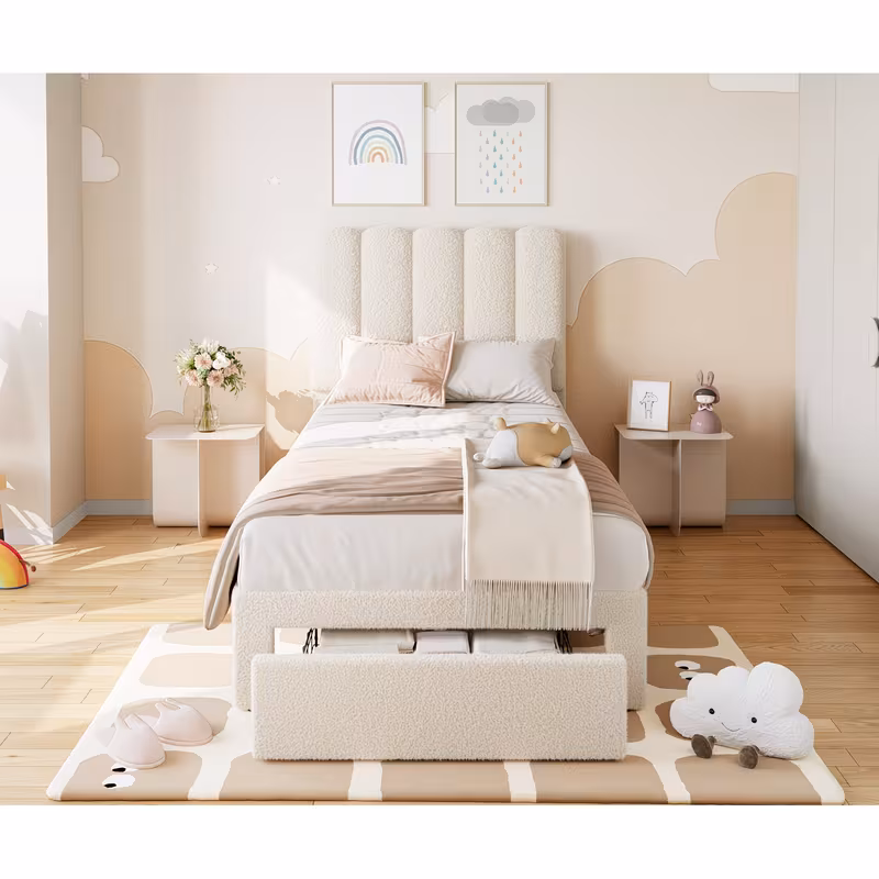 Modern Teddy Velvet Bed Frame Twin Size with Storage Drawer Headboard - Wavy Vertical Line Panel, Sturdy Slat Support System & Frame Suitable for Bedroom, No Box Spring Needed, Assembly Required for or Room