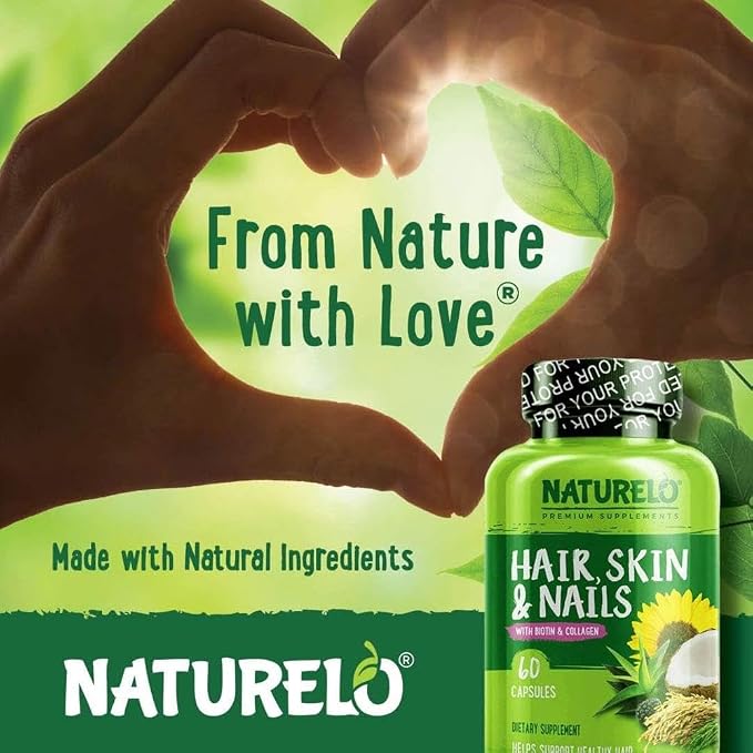 NATURELO Hair, Skin and Nails - with Biotin, Collagen, Omega3 & Vitamin E - Great for Healthy Skin & Hair Growth - Women and Men – 60 Capsules | 1 Month Supply