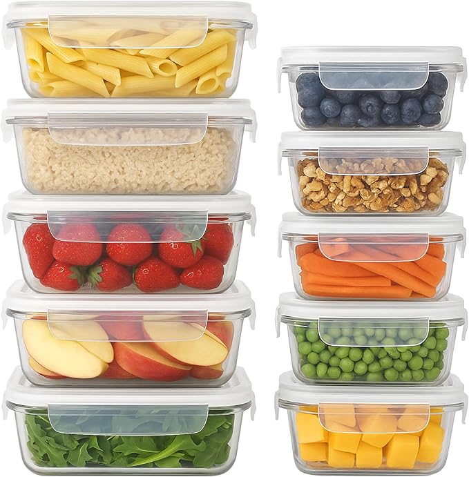 Harbour Housewares Glass Containers with Airtight Lids - 10 Pack - 2 Sizes (1040ml | 370ml) Lunch Box Tubs BPA-Free Meal Prep Containers Reusable Leak Proof Food Storage Tubs, Oven Safe, Freezer Safe