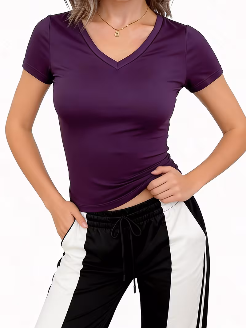 Women'S Summer V-Neck Fitted Casual Solid Color Short-Sleeve Cropped Loungewear Top