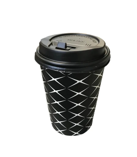 Black Paper Cup with Lid Printed Design 12oz Pack of 6 Assorted Designs