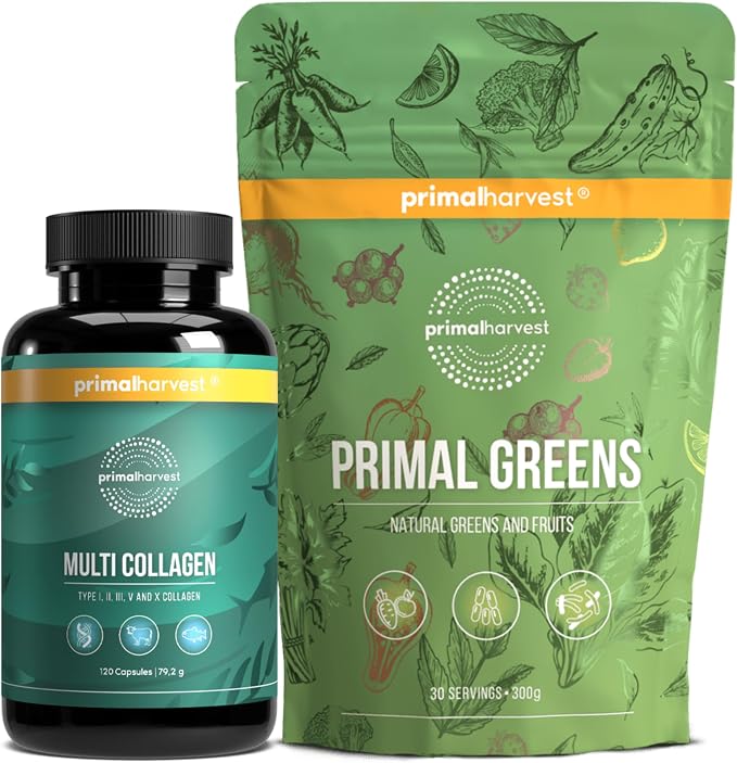 Primal Harvest Daily Two-Step Routine | Multi Collagen Pills + Greens Powder | 2 Pack | 30 Day Supply