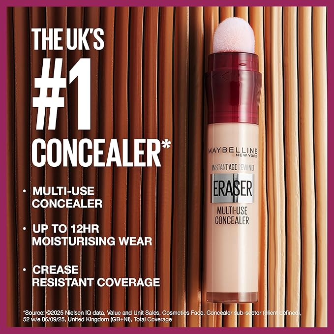 Maybelline Concealer Instant Anti Age Eraser Eye Concealer, Dark Circles and Blemish Concealer, Ultra Blendable Formula Dermatologist Tested & Suitable for Sensitive Skin 01 Light