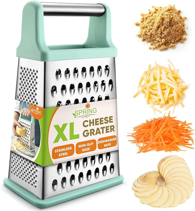 Spring Chef Stainless Steel XL Cheese Grater for Kitchen, Mint | 4 Sided Manual Metal Box Grater for Carrot, Potato, Parmesan, Cheese Shredder, Professional Vegetable Grater, Dishwasher Safe
