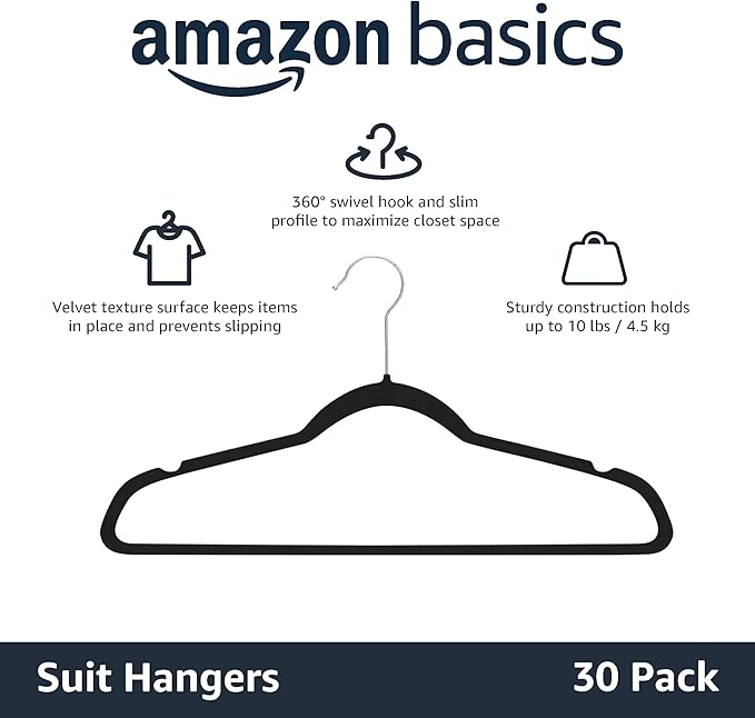Amazon Basics Slim Velvet Non-Slip Suit Hangers - 30-Pack, Black/Silver